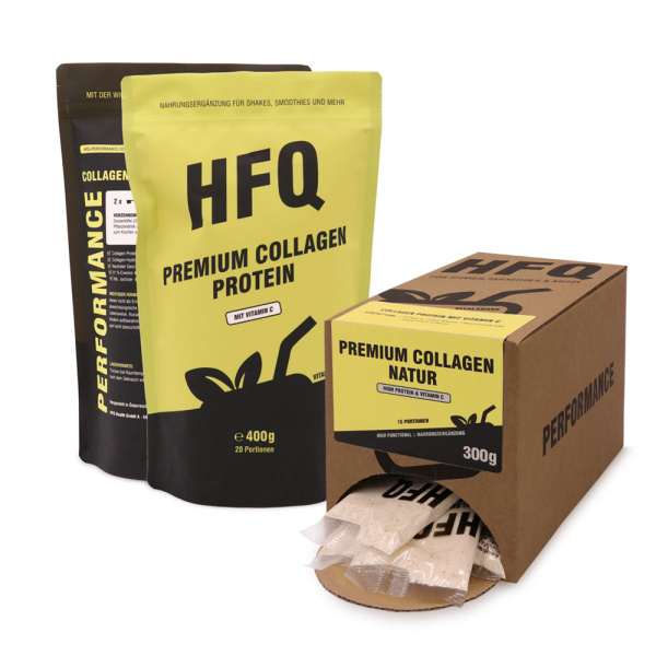 Premium Collagen von HFQ Vitalshake im Beutel und in Sachets