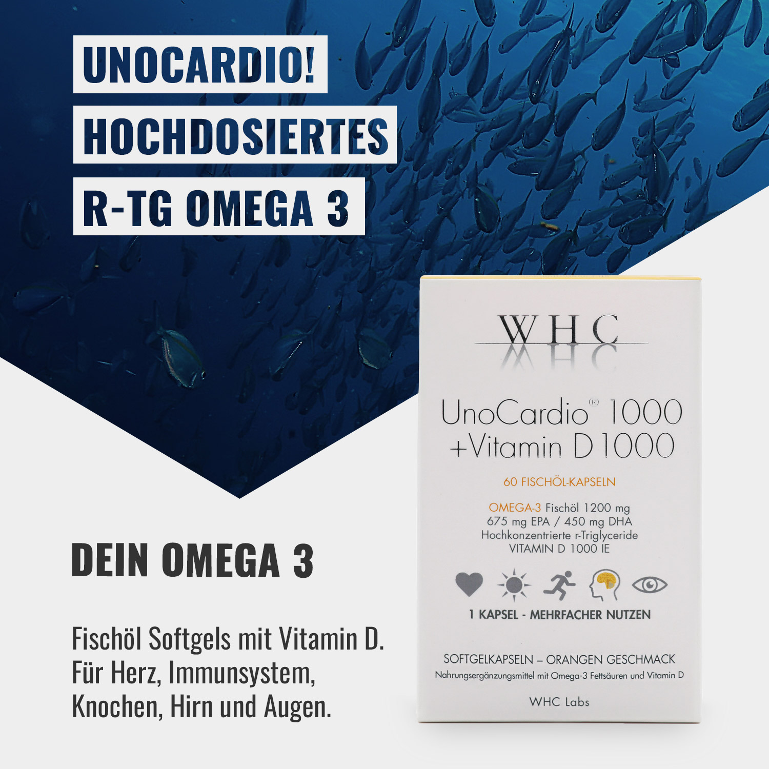 UnoCardio 1000 + Vitamin D 1000, r´Triglyceride Omega 3 Fischöl Kapseln