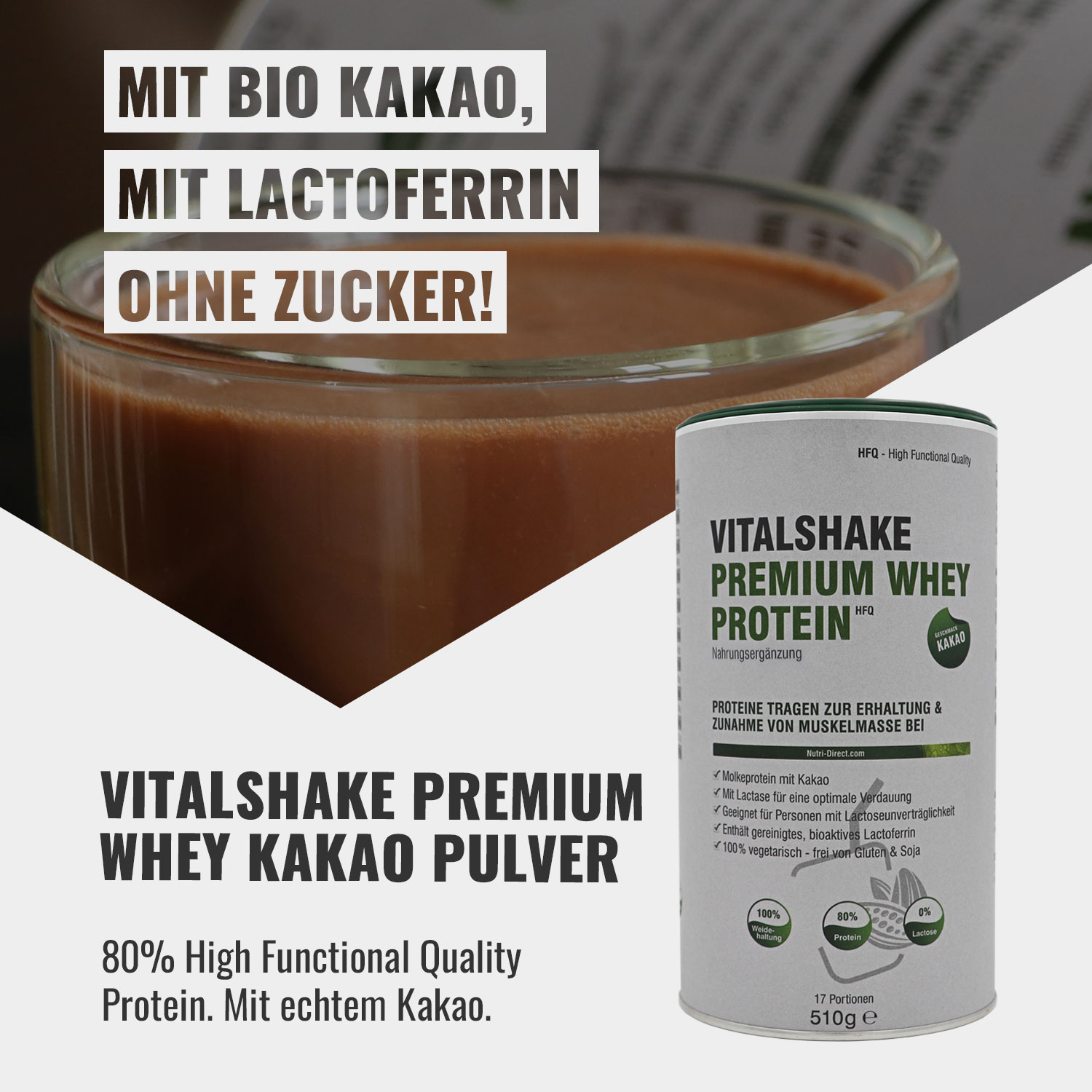 Vitalshake Premium Whey Protein mit echtem Kakao