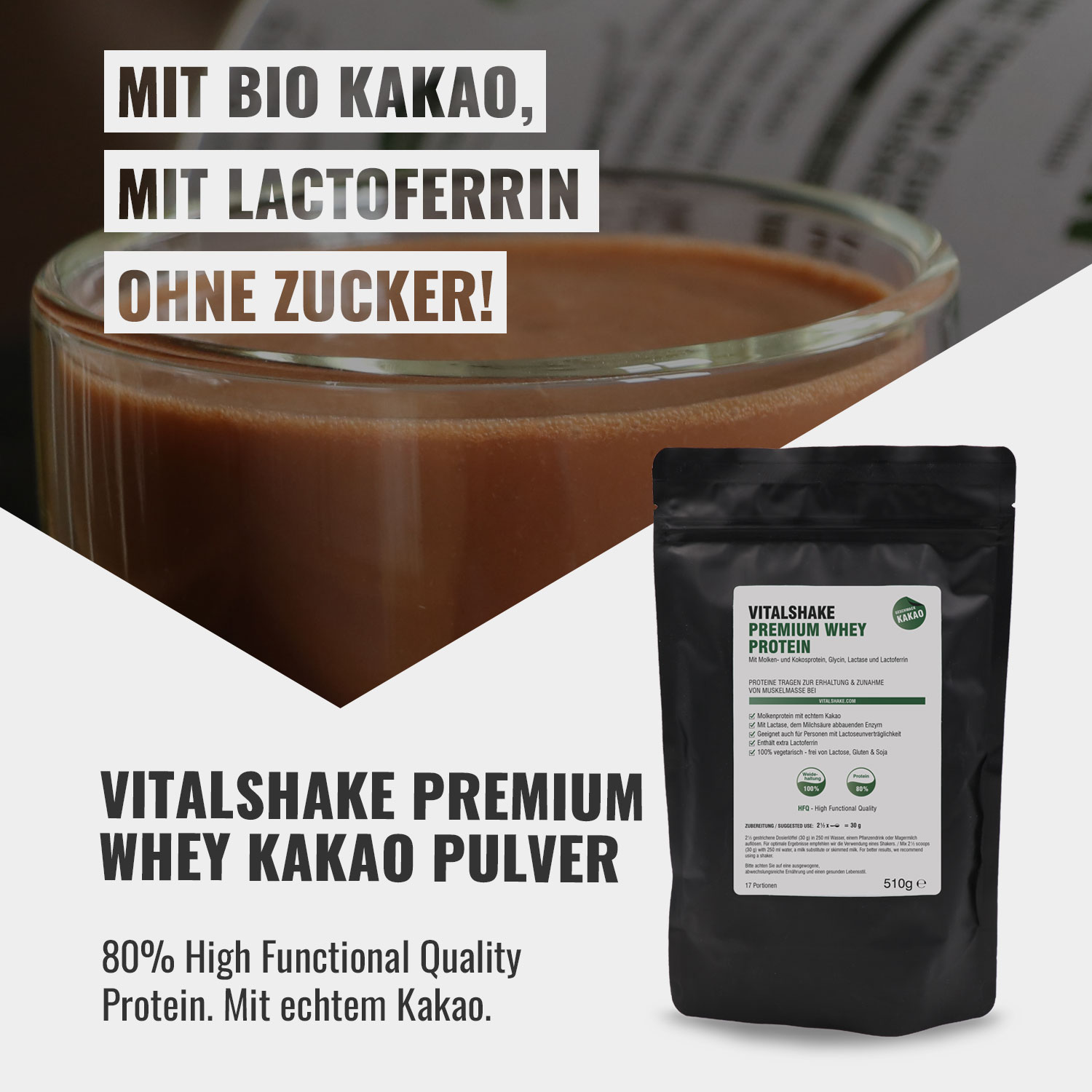 Vitalshake Premium Whey Protein mit echtem Kakao,